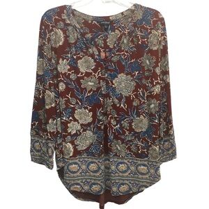 Lucky Brand Burgundy Floral Print Popover Blouse Misses size L